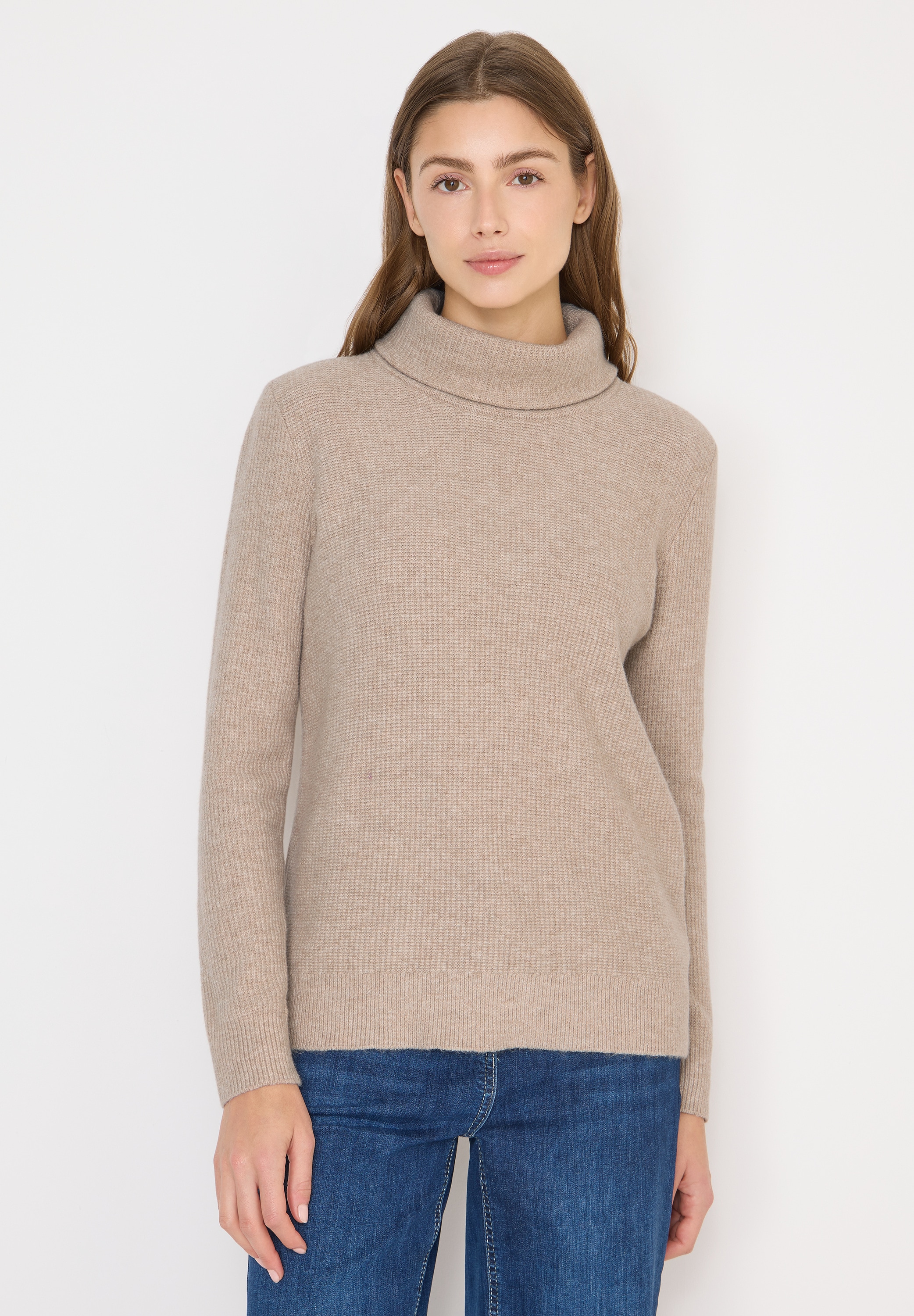 Strickpullover CECIL, Damen, Gr. L (42), sandalwood beige melange, Feinstrick, 44% Nylon, 28% Polyacryl, 24% Baumwolle, 4% Elasthan, unifarben, comfort fit normal, hoch geschlossener Ausschnitt, Rippbündchen, Pullover Strickpullover, mit großem Kragen