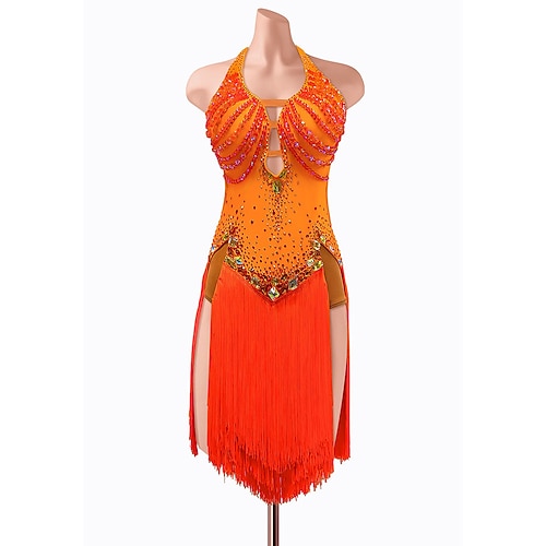 abito da ballo latino da donna con frange di strass giallo-arancio - costume da ballo asimmetrico con scollo all'americana e ritaglio