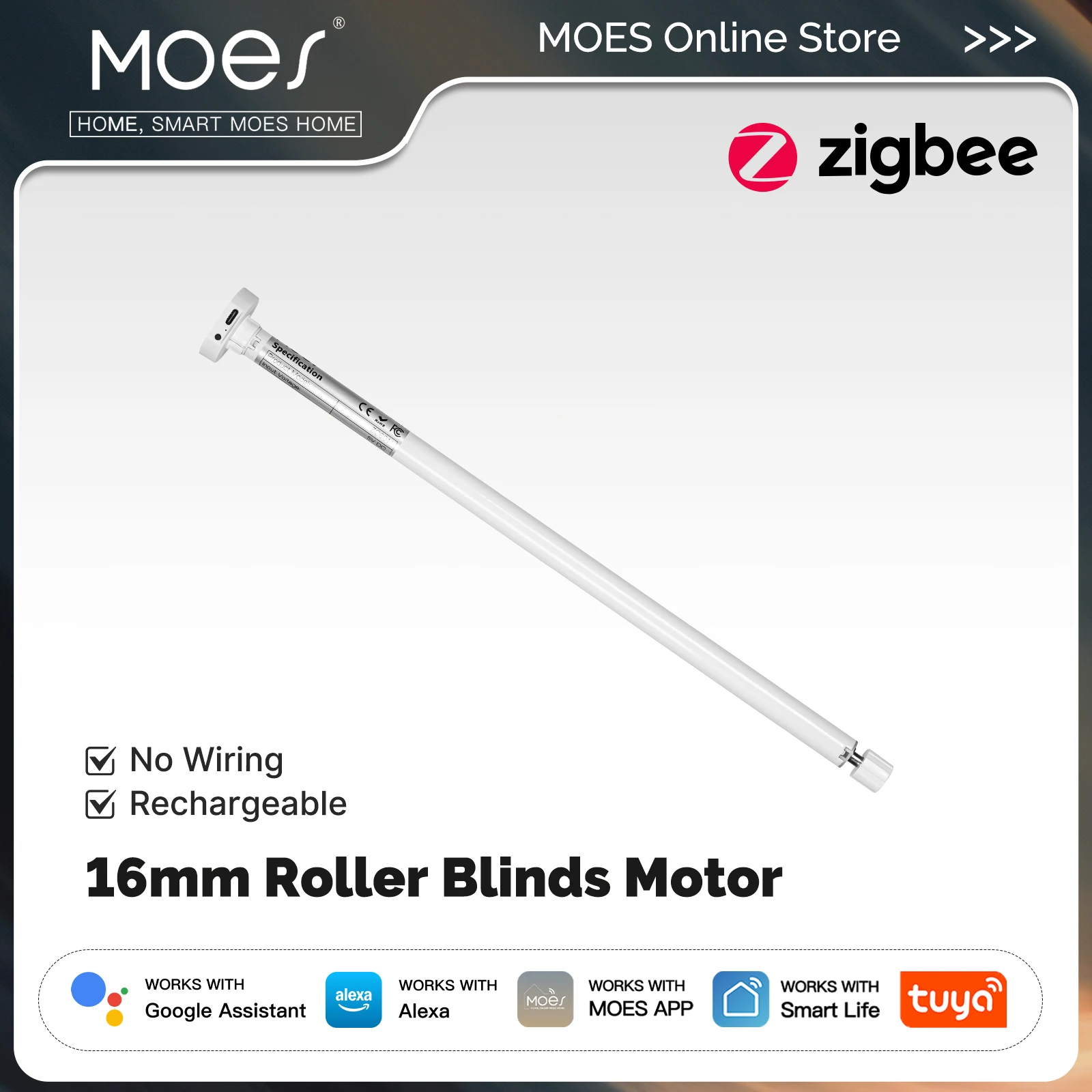MOES Tuya Zigbee Smart Rollos Motor 16mm Aufladbare Fenster Shades Vorhang Für 17/25/28mm Rohr Arbeit mit Alexa Google Hause Image