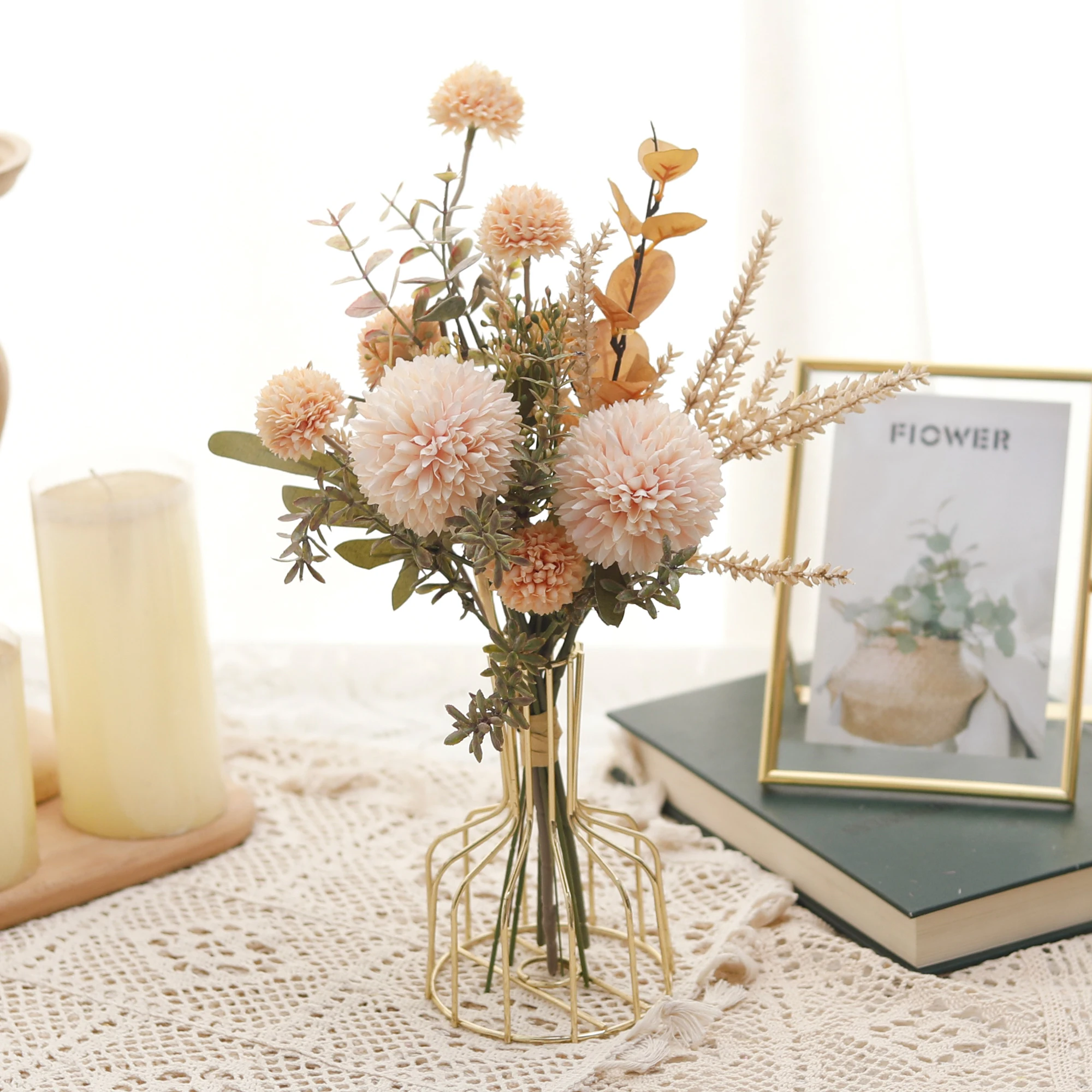 Künstliche Blumen Champagner Löwenzahn Stacheliger Ball Blumenstrauß Home Decor Hochzeit Weihnachten Blumenarrangement Weizen Spike Pflanze Image