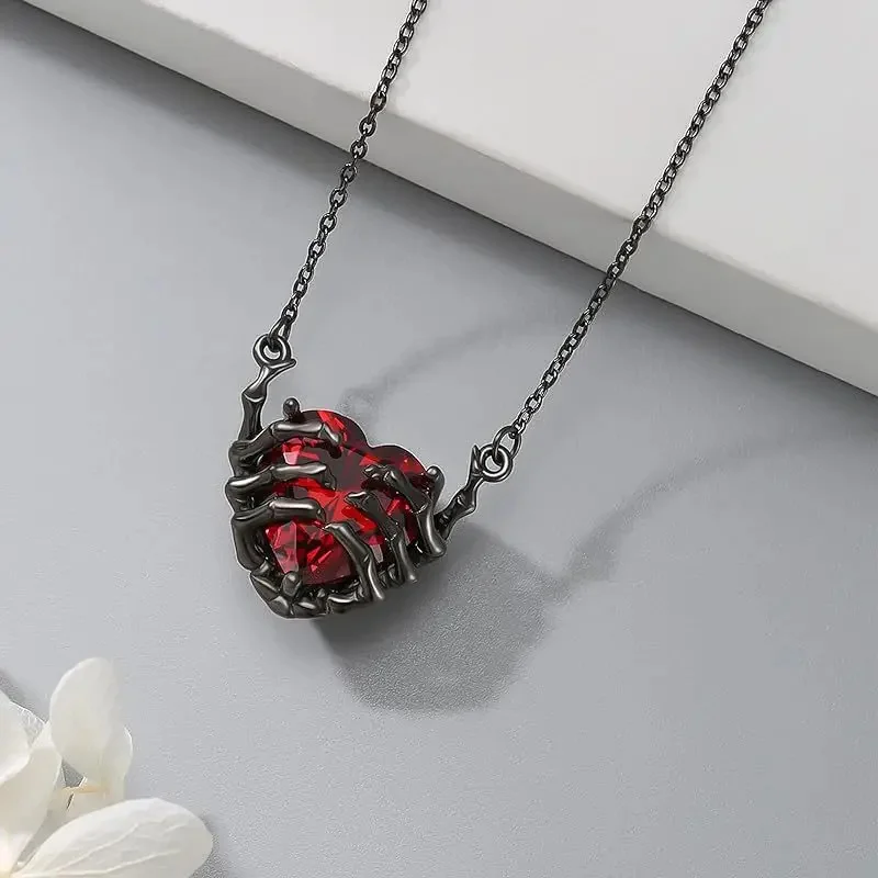 Neue Übertriebene Punk Gothic Persönlichkeit Dunkelrot Herz Geist Klaue Anhänger Halskette für Frauen Männer Mode Schwarz Hip Hop Schmuck