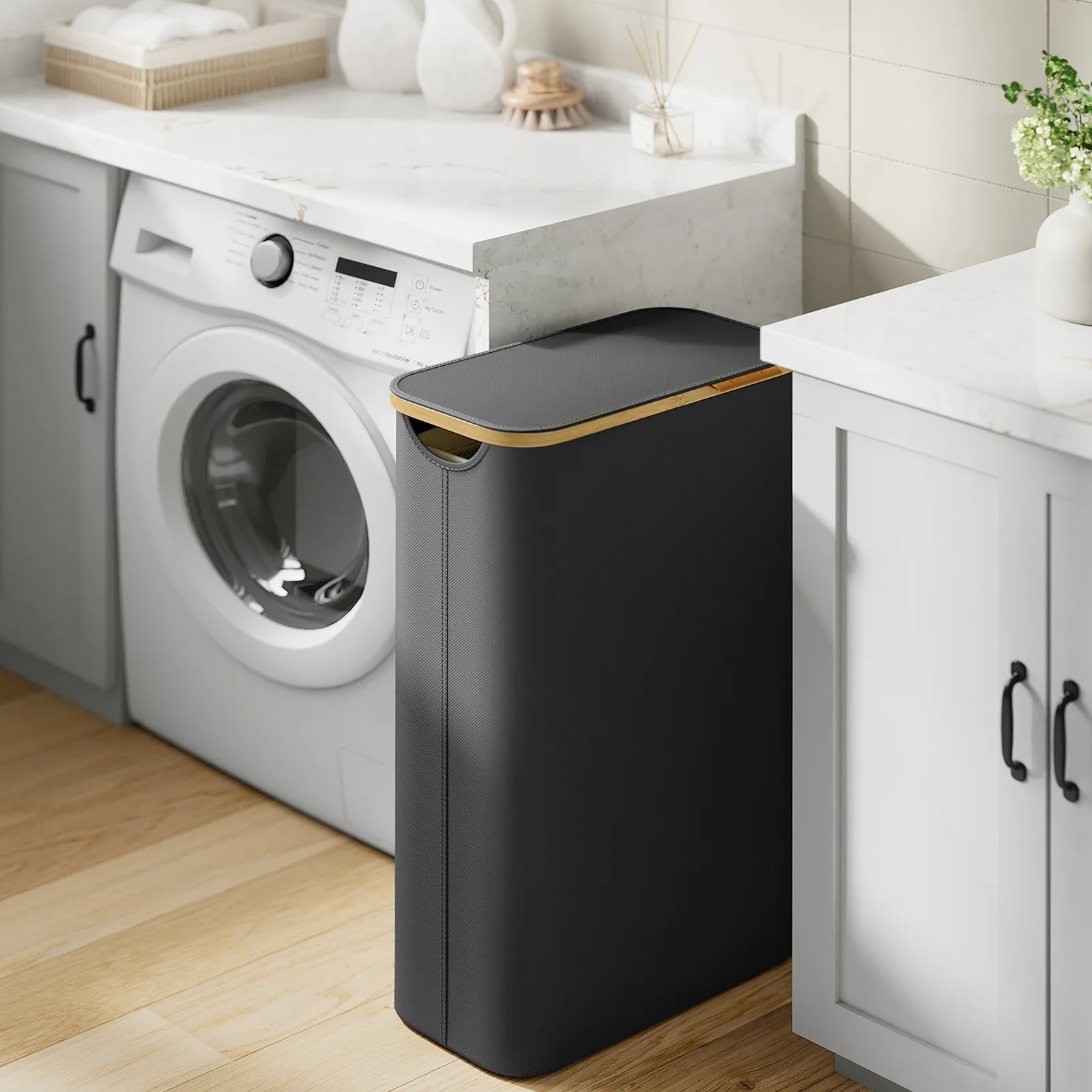 60L faltbar Wäschekorb , mit ausziehbar abnehmbar Wäschesack , Griffe aus Bambus,schmal Wäschekorb ,sammelbehälter,Schwarz.