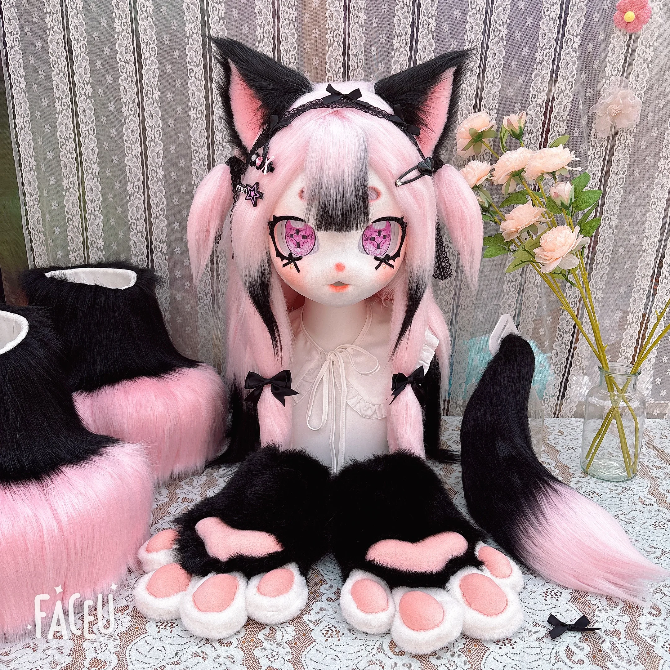 Fursuit Kigurumi Furry Cosplay Kostüm Schwarz Rosa Kopf Pfote Schwanz Schuhe Comiket Furries Puppe Kig für Kinder Dress Up