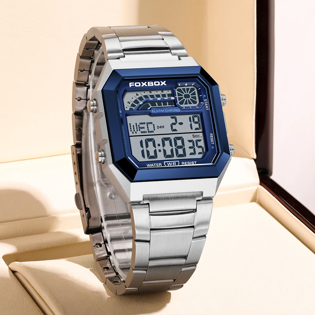 FOXBOX Fashion Square Edelstahl Herren Digitaluhr Casual Sport Wasserdichte Quarzuhr Für Männer LED Alarm Chronograph Image
