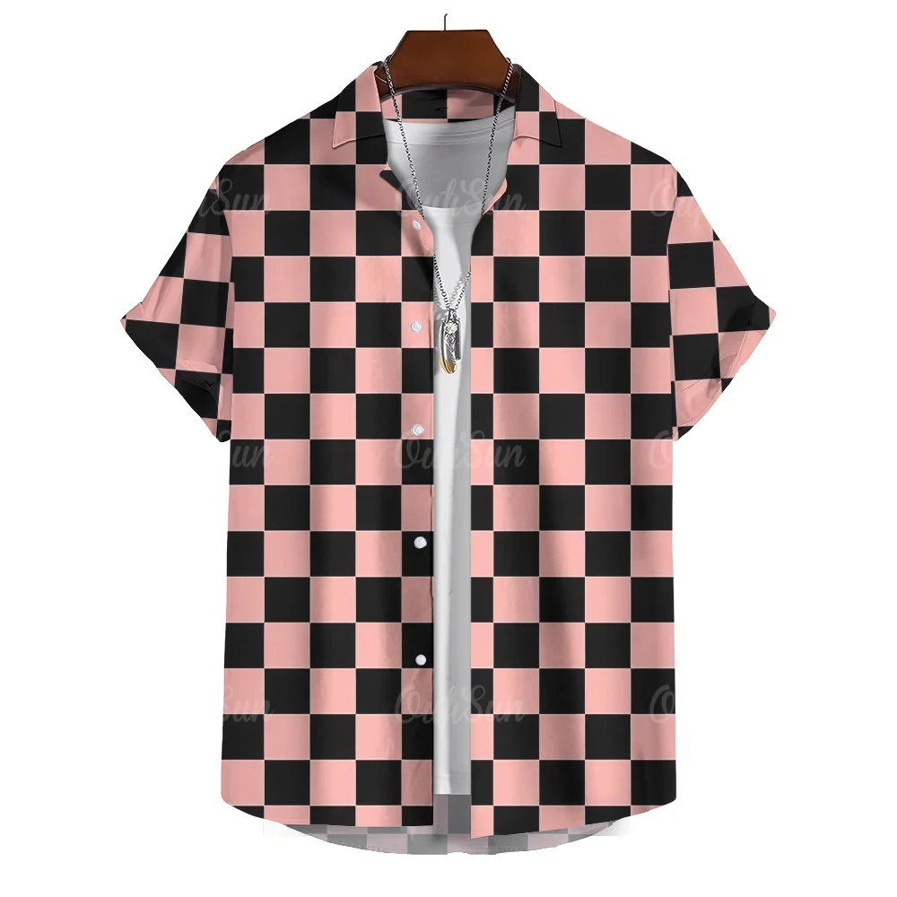 Karierte gestreifte Print-Hemden für Herren, Sommer, lässiges Herrenhemd, Strandurlaub, Hawaii-Stil, kurzärmelig, übergroße Oberteile Image