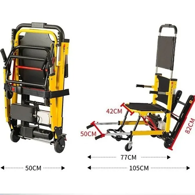 Elektrischer Kletterrollstuhl. Kleine und leichte zusammenklappbare behinderte Menschen gehen auf und ab die Treppe. Vollautomatisch Image