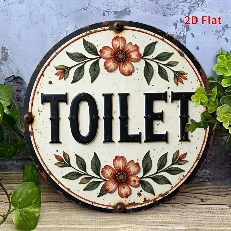 2D flach, 2D flach rundes Holzschild „Toilette“ mit Blumenmuster, 20,32 x 20,32 cm rundes Holzschild, geeignet für Zuhause, Büro, Garag