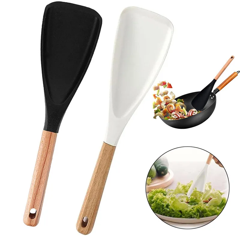 Multifunktionaler Spatel, Kochlöffel, 1/2 Stück, Silikon, antihaftbeschichtete Pfanne, Kochlöffel, Holzgrifflöffel zum Rühren von Schaufeln und Kratzen Image