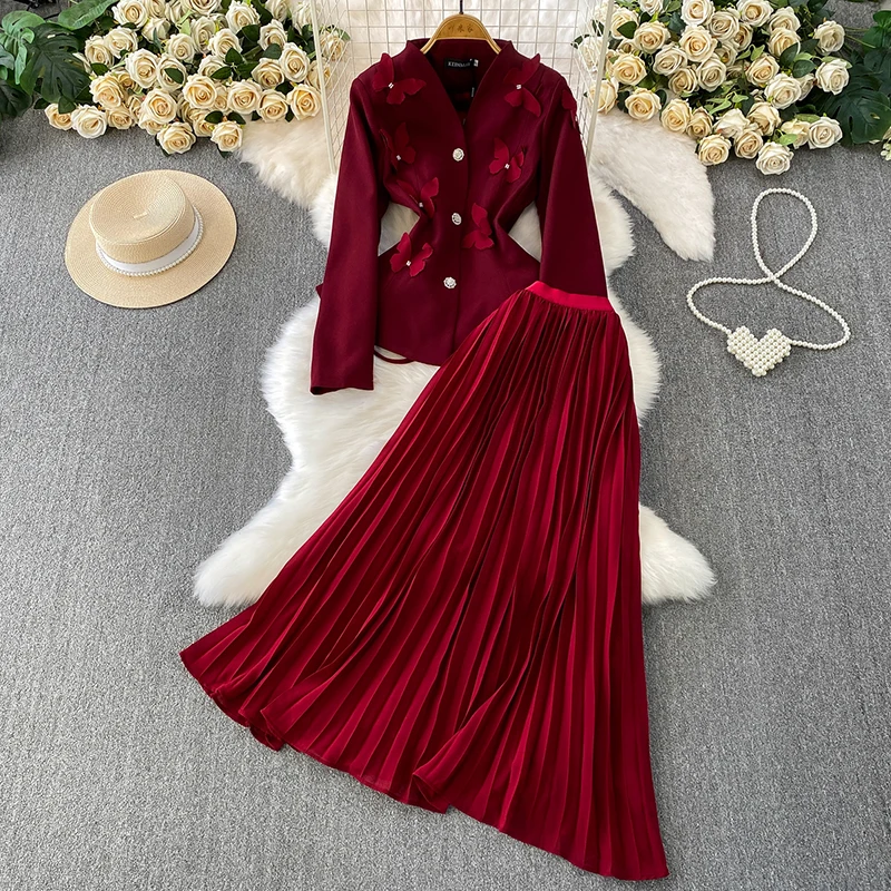 Schwere Industrie Dreidimensionale Schmetterling Diamant Schnalle V-ausschnitt Mantel + Hohe Taille Schlank Gefaltete Lange Rock Frauen Elegante Set Image