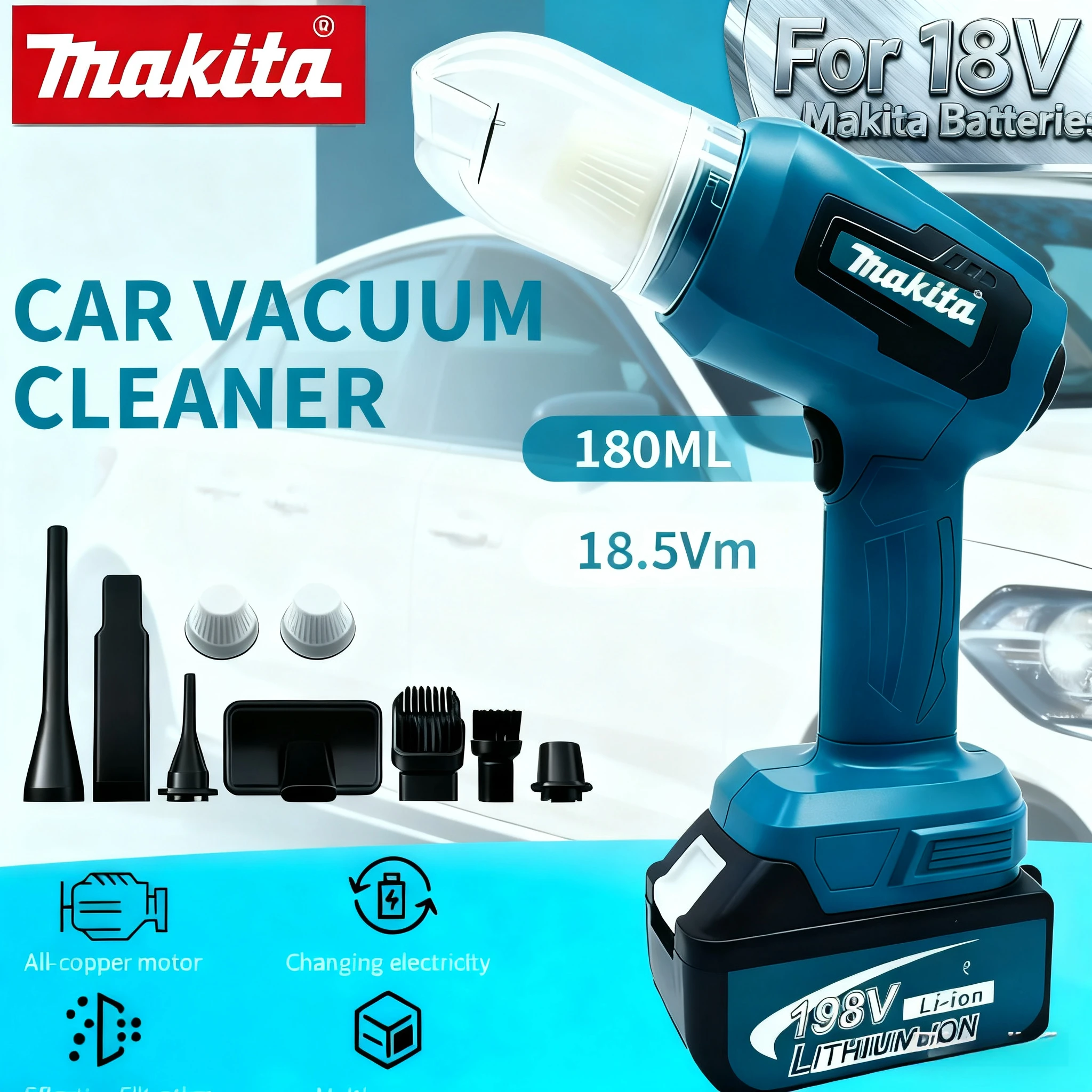 Makita Mini-Auto-Staubsauger, multifunktional, wiederaufladbar, Hand-Elektrowerkzeuge, Staubsammeln für 18 V Akku, kabellos Image