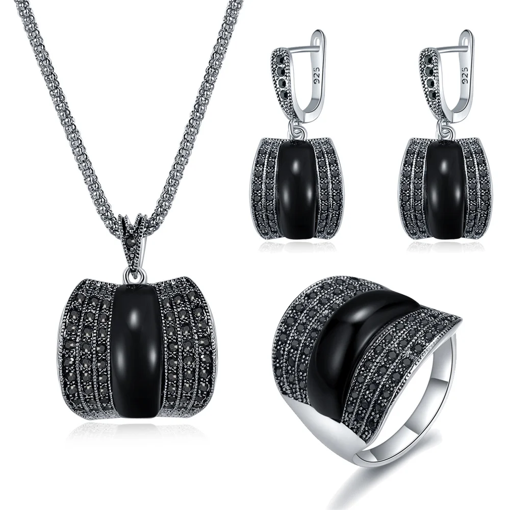 Ajojewel Original Designer Antik Silber Farbe Frauen Schmuck Set Geometrische Grüne Stein Ring Halskette Und Ohrringe Sets Image