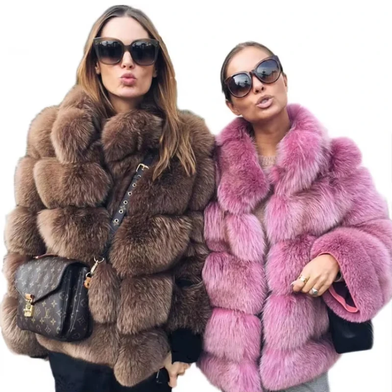 Frauen Faux Pelz Fuchs Mäntel Kurzmantel Jacken Elegante Herbst Winter Jacke Pelzigen Oberbekleidung Elegante Splice Dicke Warme Kaffee Mäntel