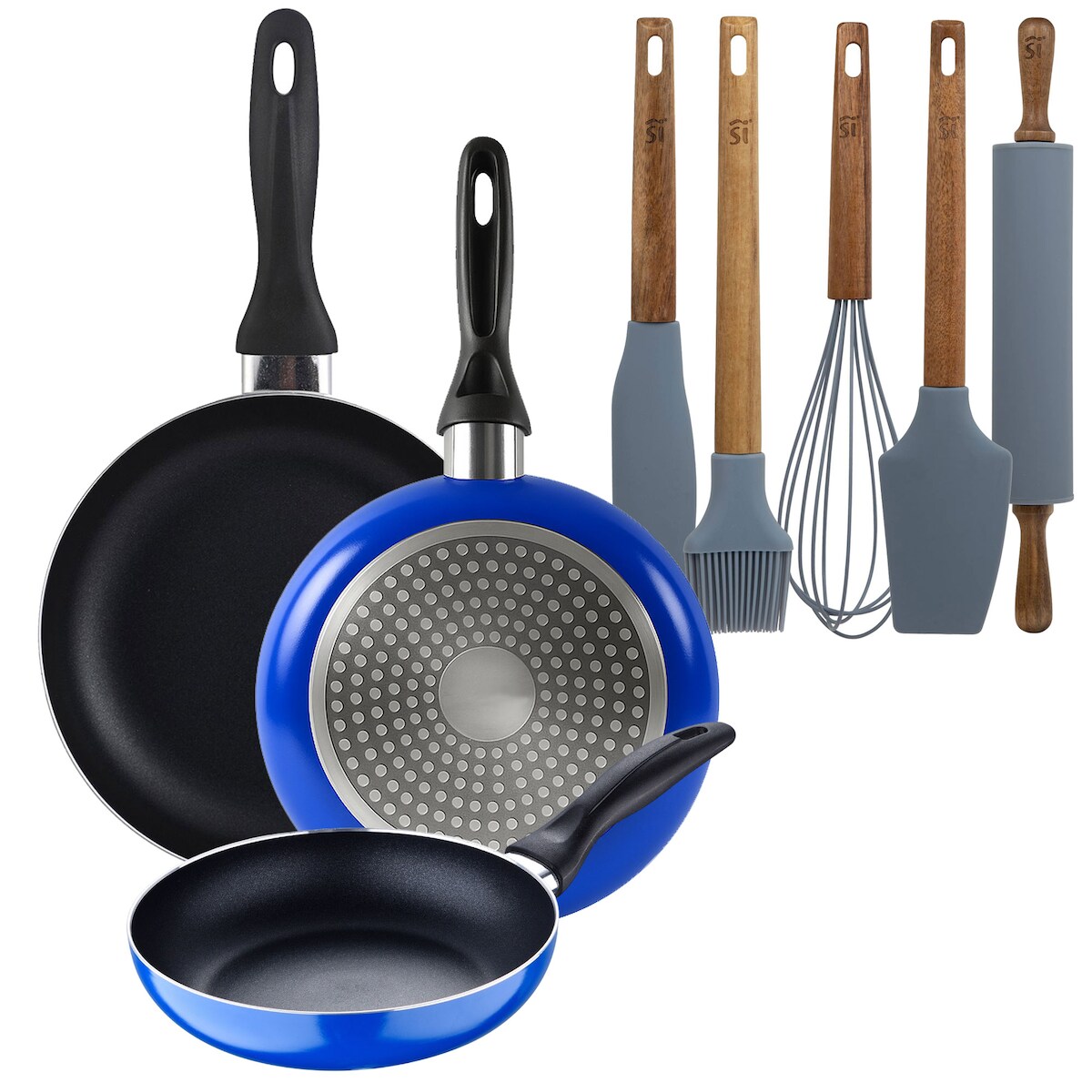 BERGNER - Set aus 3 Pfannen Ø16/Ø20/Ø24 cm gepresstes Aluminium, geeignet für Induktion Blue Navy Paradise Set 5 Küchenutensilien aus Silikon und Holz Image