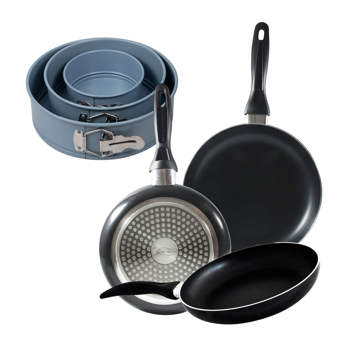 BERGNER - Set aus 3 gepressten Aluminium-Pfannen Ø16/Ø20/Ø24 cm, geeignet für Induktion Navy Black 3-teiliges Set runde Backformen Ø12/Ø18/Ø22 cm Image