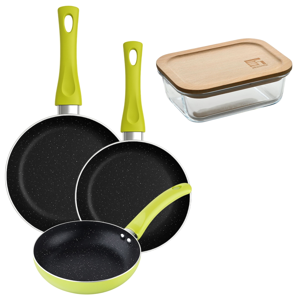 BERGNER - Set aus 3 Pfannen Ø20/Ø24/Ø28 cm gepresstes Aluminium Molen Grün Vorratsglas 650 ml aus Borosilikatglas NATURALLY Image