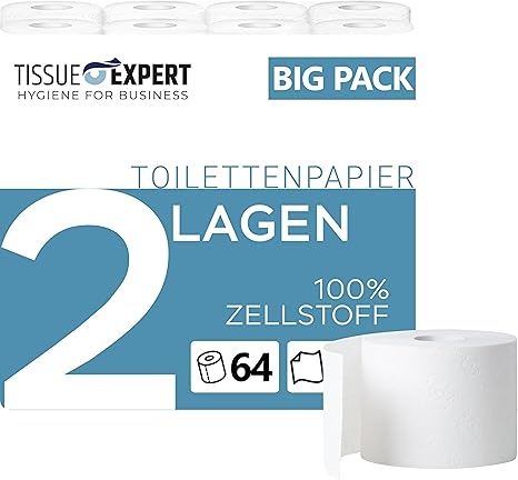 Tissue Expert Toilettenpapier, 2-lagig, 64 Rollen x 250 Blatt, 100% Zellstoff, superweiches Klopapier, Großpackung für Gewerbe, Verpackung aus 60% PCR-Anteil Image