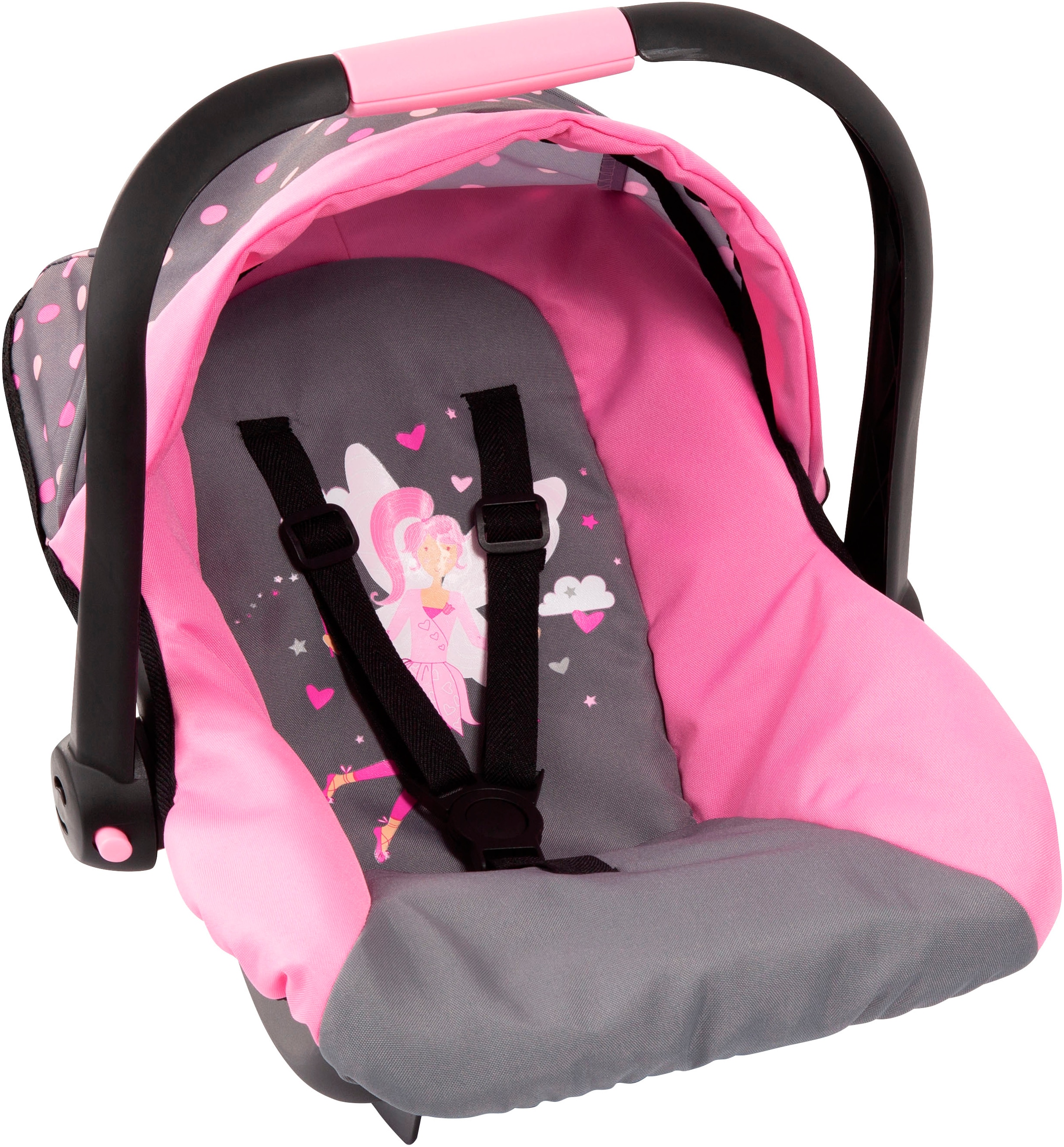 Puppen Autositz BAYER "rosa/goldfarben Schleife", rosa (fee grau, rosa), Puppenausstattungen, JungenB:34cm H:38cm L:42 T:45cm, Kunststoff, Metall, mit Dach, B:34cm H:38cm L:42 T:45cm