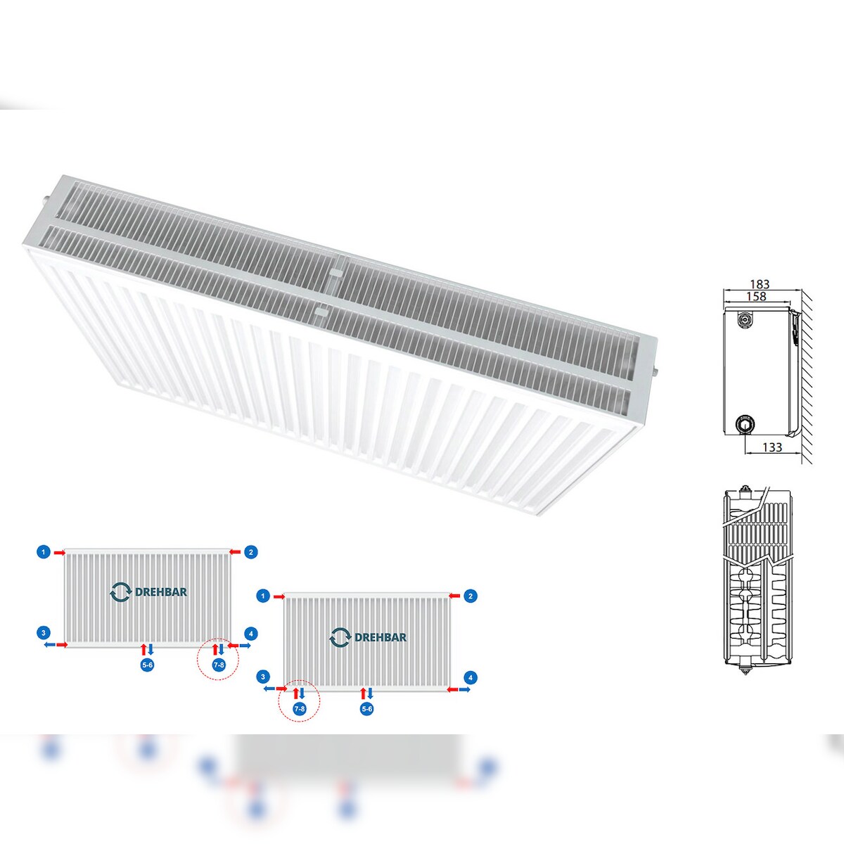 Belrad Typ 33 Universalheizkörper Ventilheizkörper Mittelanschluss mit 8 Anschlüssen 500 x 800 (HxB)-1645W Image