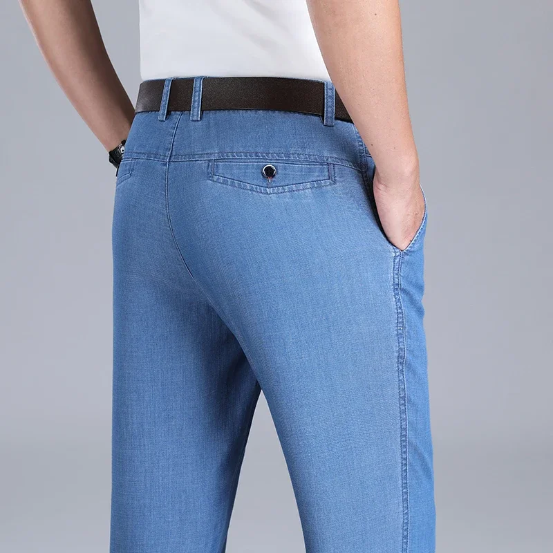 2025 neue männer Sommer Dünne Jeans Lose Stretch Große Größe Eis Seide Gerade Hosen Elite Business Casual Hosen Rauch grau Blau