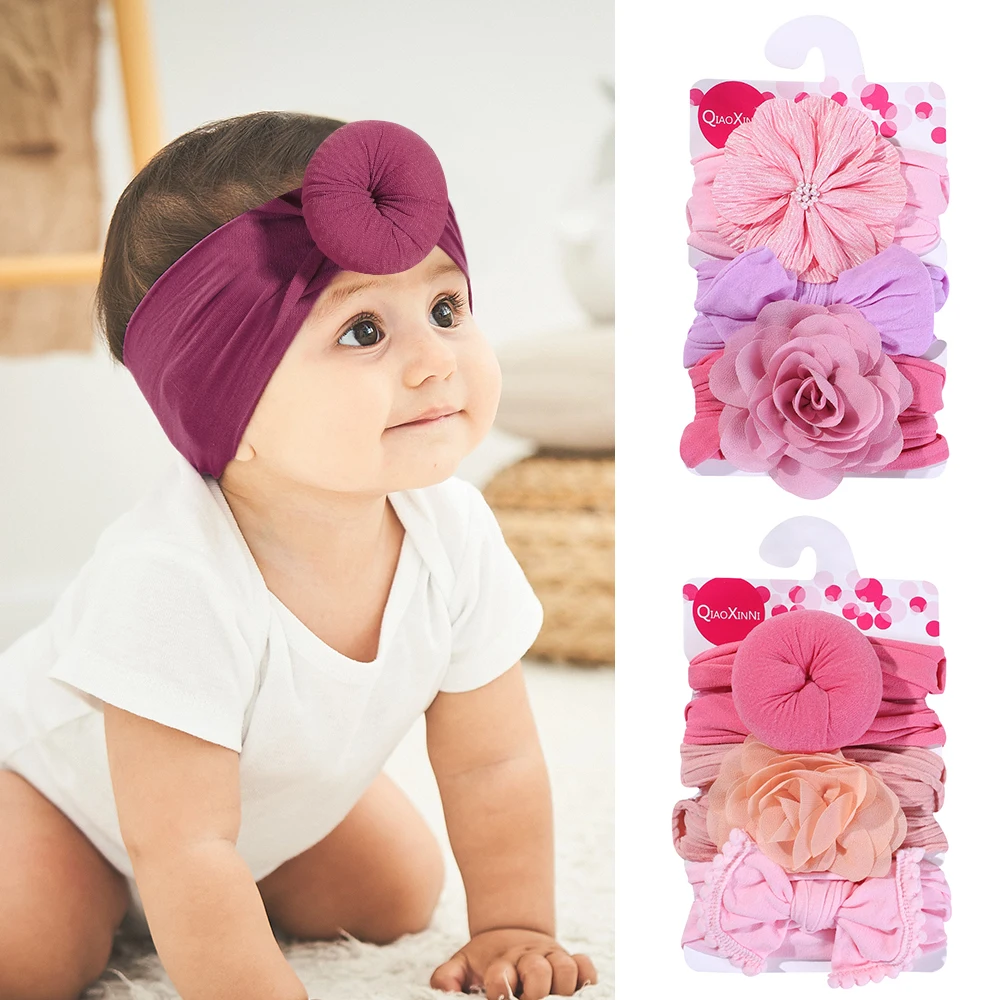 3 Teile/los Solide Nylon Baby Stirnbänder Spitze Blume Bogen Haar Bands Neugeborenen Donuts Headwraps Nette Mode Kinder Headwraps Image