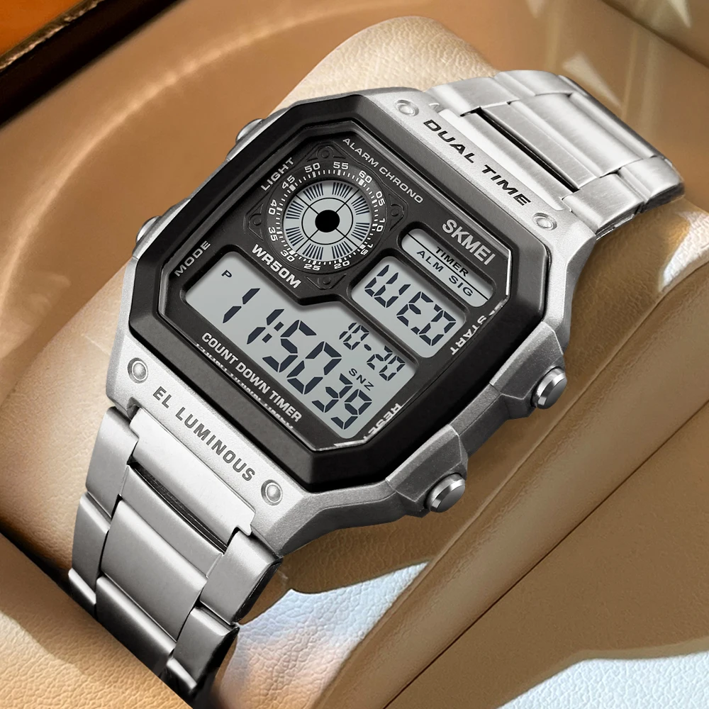 SKMEI Elektronische Uhr Sport Digitales Edelstahlarmband 5bar Wasserdicht Leuchtende Multifunktions-Digital-Armbanduhr mit Hintergrundbeleuchtung Image