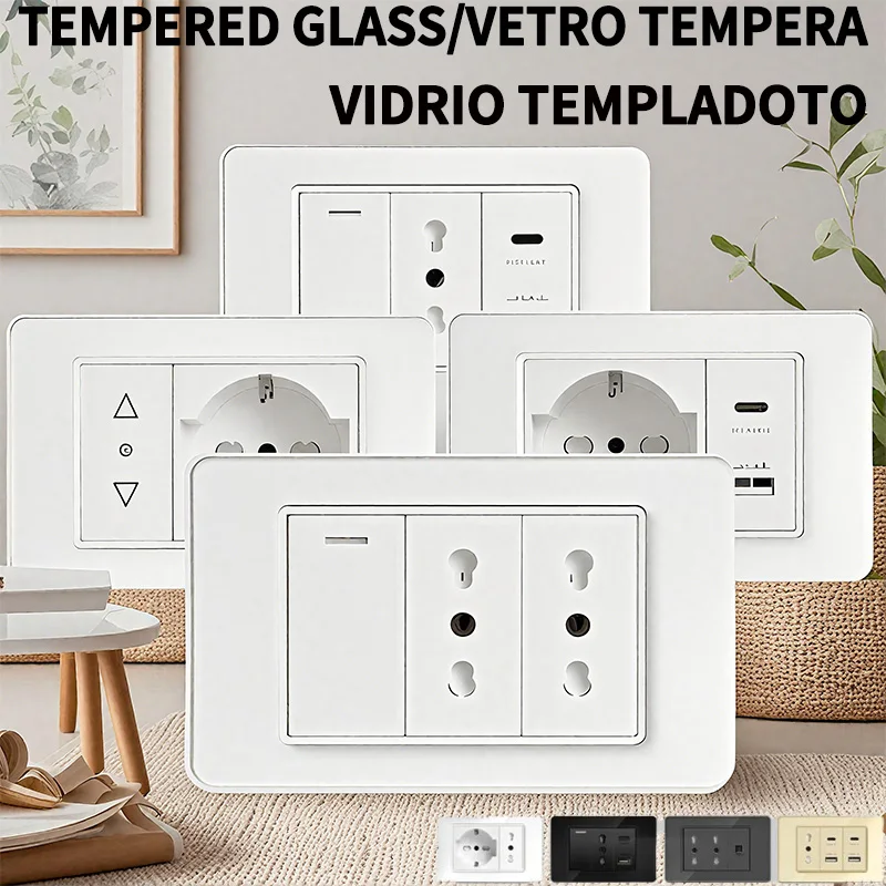 ​ ​ 118 x 75 mm Typ-C-Schnelllade-Wandsteckdose Italien und Chile Schuko-Steckdose – gehärtete Glasscheibe, modernes Design ​ -Typ-Schalter Image