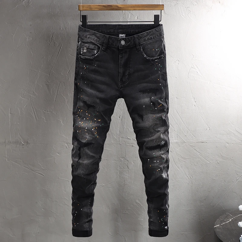 High Street Designer Mode Männer Jeans Retro Schwarz Grau Stretch Slim Fit Gemalt Zerrissene Jeans Männer Hip Hop Vintage Denim Hosen