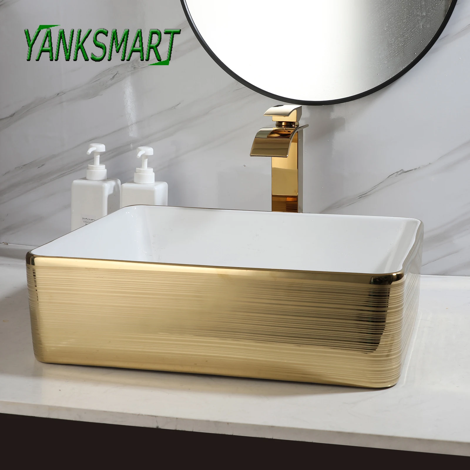 YANKSMART Badezimmer-Waschbecken-Set im europäischen Stil, quadratisches Waschbecken, goldener Wasserhahn, Pop-Up-Abfluss-Kombination, hochwertiges Keramik-Waschtisch-Wasserhahn-Set