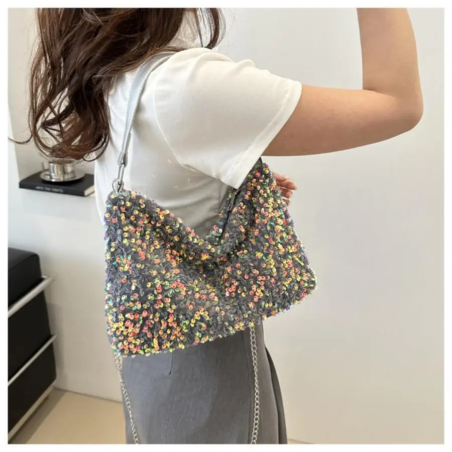 Funkelnde kleine Tasche, weibliche Nischenstruktur, Umhängetasche mit einer Schulter, einfaches Temperament, Achseltasche mit Kette Image