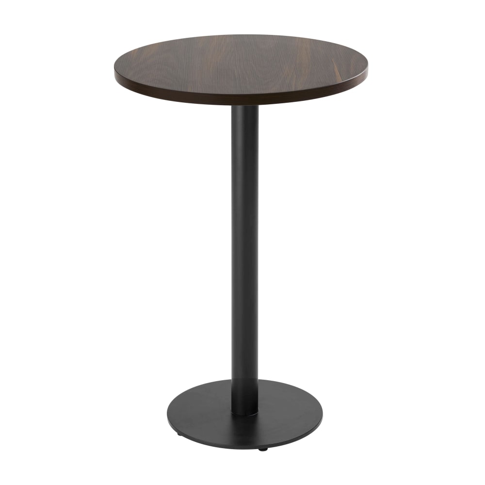 Table haute ronde 60 cm pied noir et revêtement bois foncé