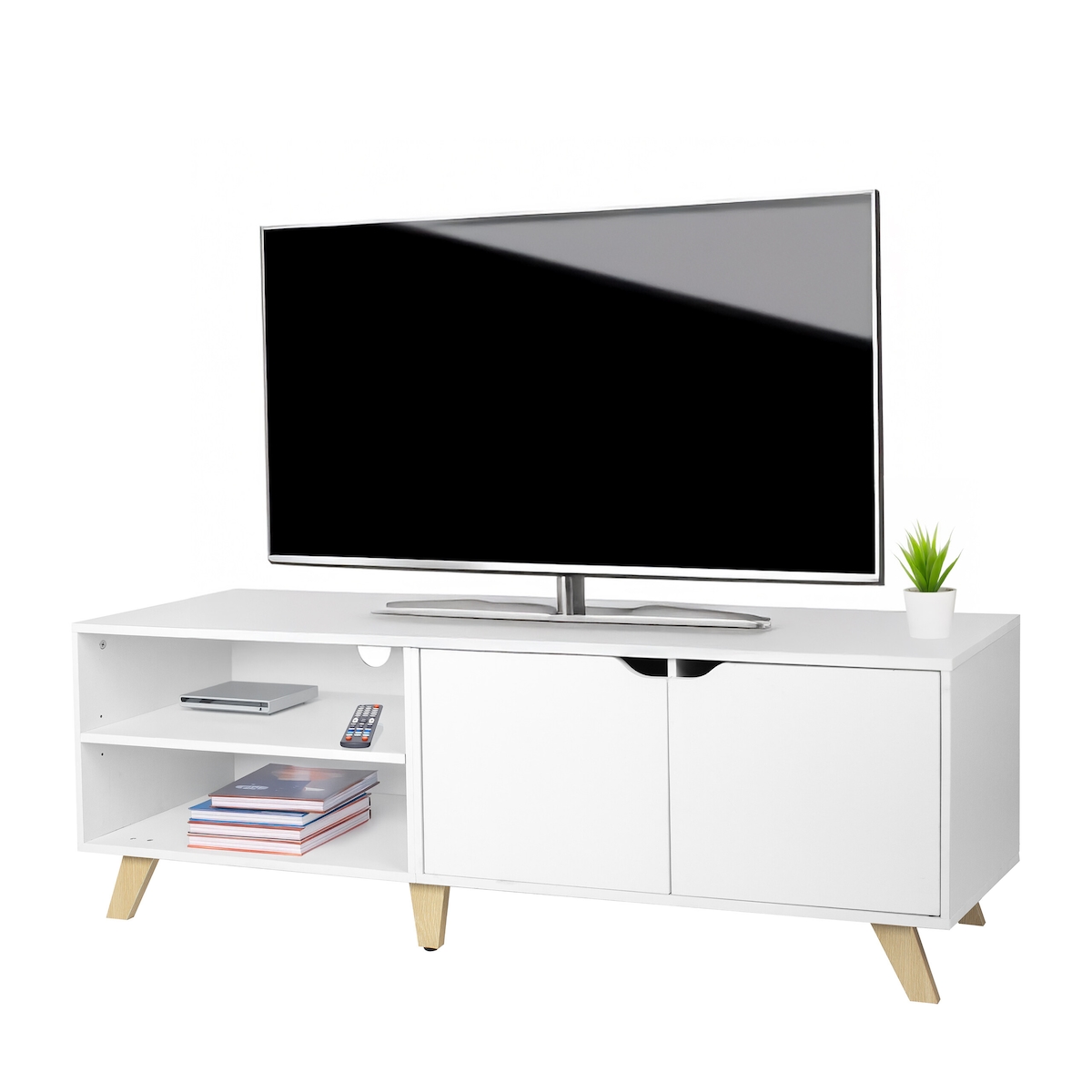 Relaxdays TV-Lowboard, 6 Fächer, TV-Schrank bis 60 Zoll, HBT: 50 x 140 x 40 cm, Fernsehtisch mit Kabelführung, weiß Image
