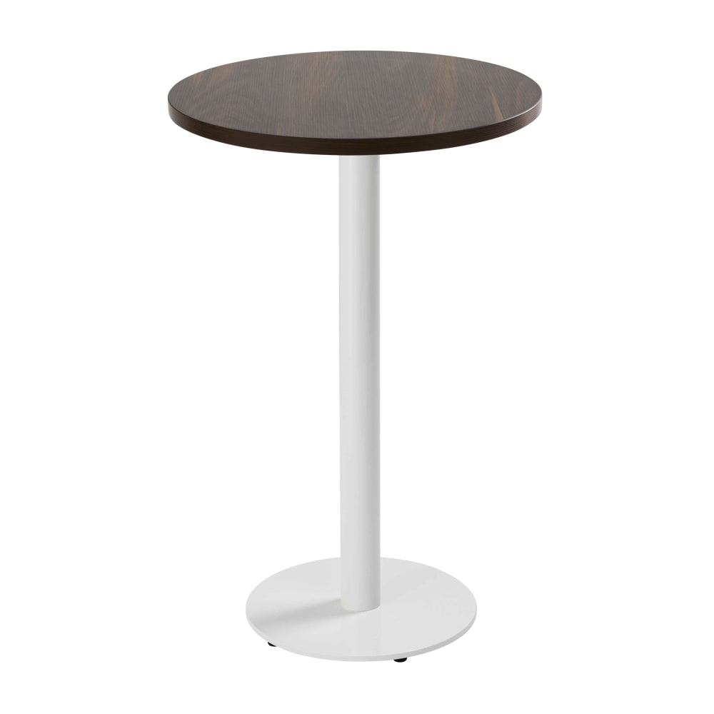 Table haute ronde 60 cm pied blanc et revêtement bois foncé