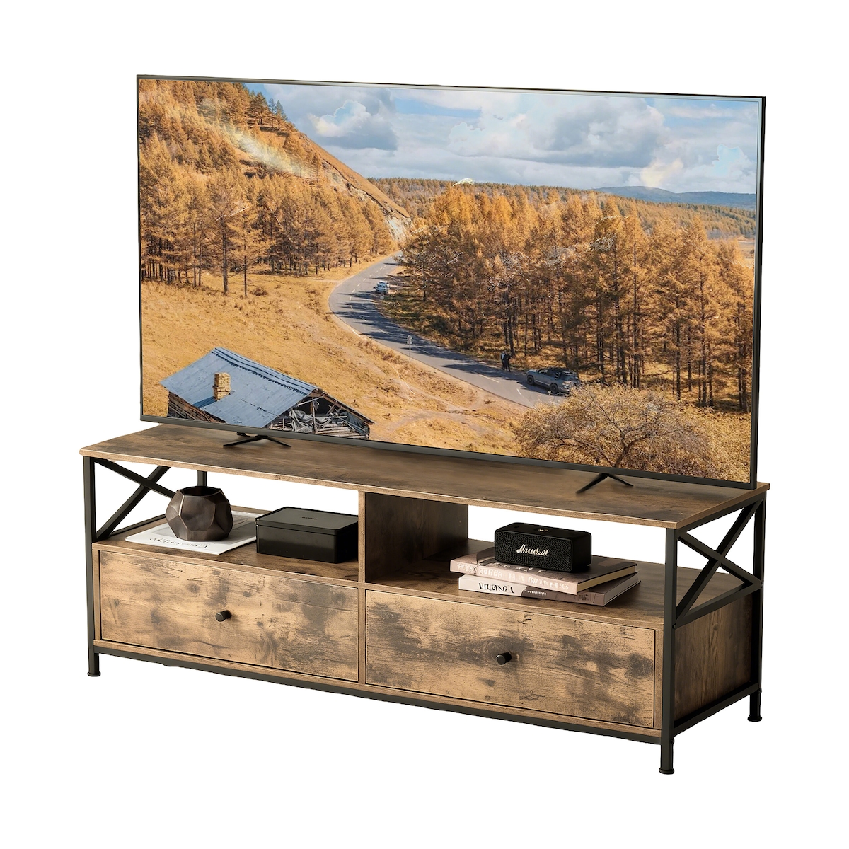 Relaxdays TV-Lowboard, 2 Fächer, 2 Schubladen, TV-Schrank bis 55 Zoll, HBT 50 x 120 x 40 cm, Fernsehtisch, braun/schwarz
