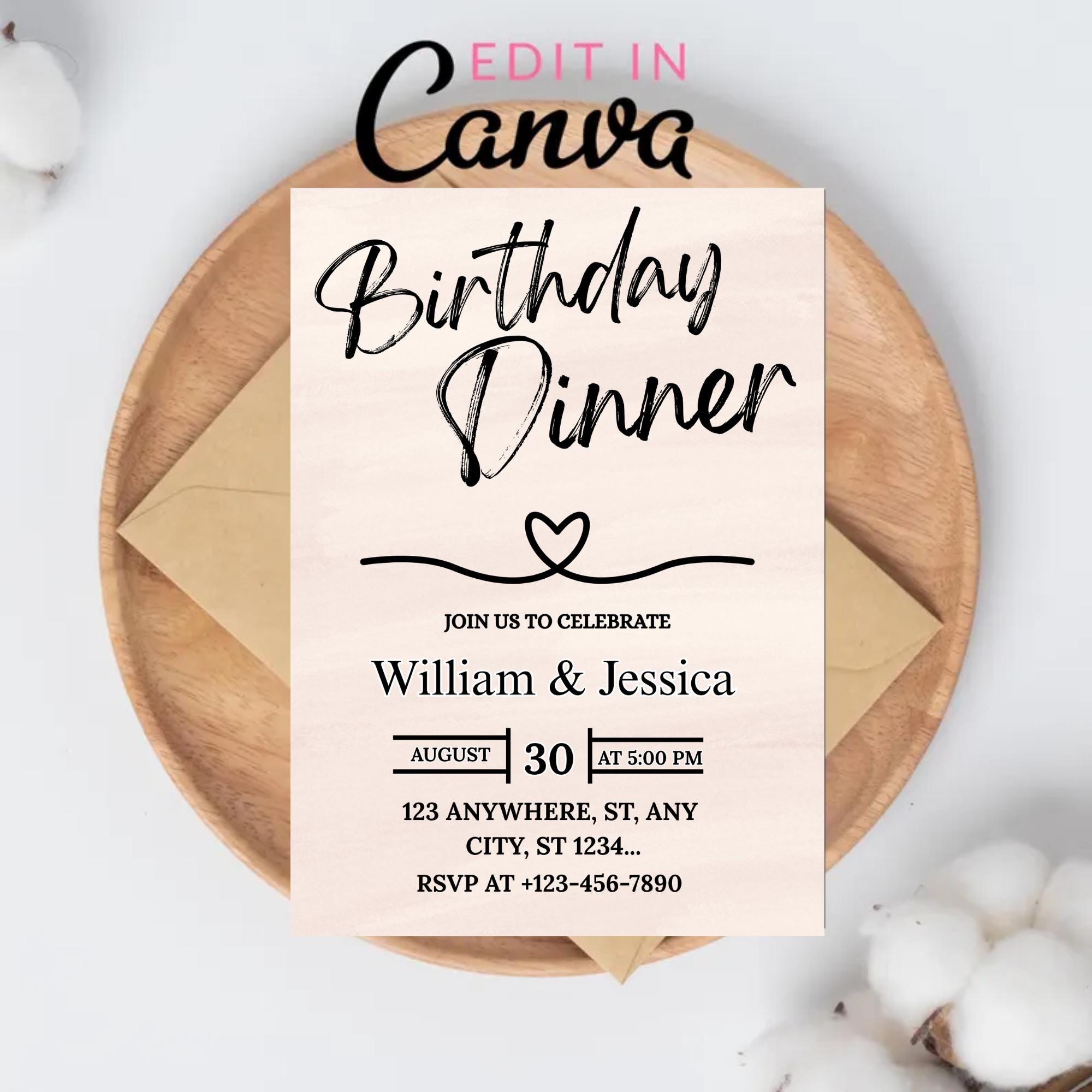 Invito a cena di compleanno, invito digitale modificabile per cena di compleanno, modello di invito a cena, invito di compleanno minimalista, invito p