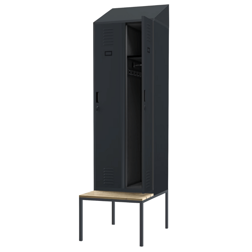 DELUKE Umkleideschrank Spind mit Sitzbank BARCA - 2 Abteile, Etikettenhalter | Umkleidespind Metall Schließfachschrank Kleiderspind, 229,5x60x85cm Anthrazit Image