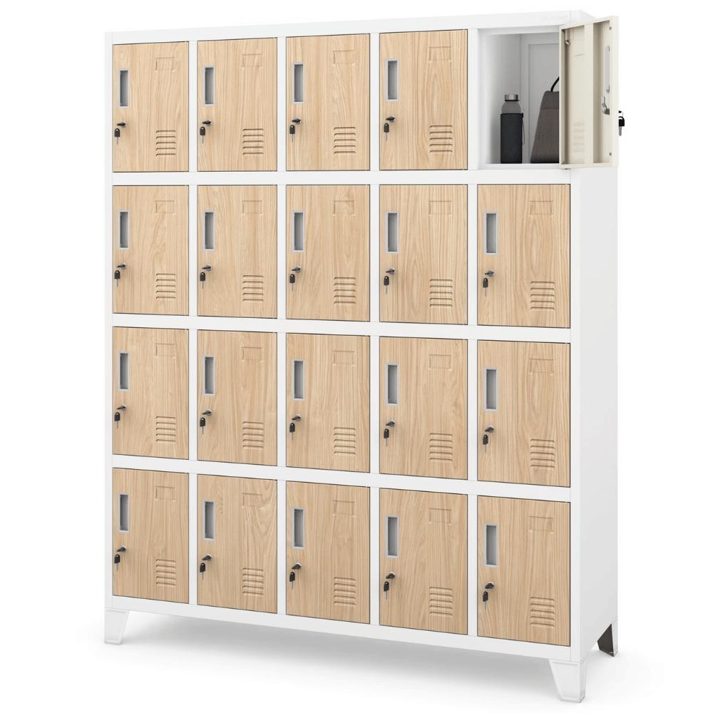 DELUKE Schließfachschrank Spind TAMPA - 20 Fächer, Etikettenhalter | Wertfachschrank Umkleideschrank Metall Kleiderspind, 172x136x45cm Weiß-Sonoma Eiche Image