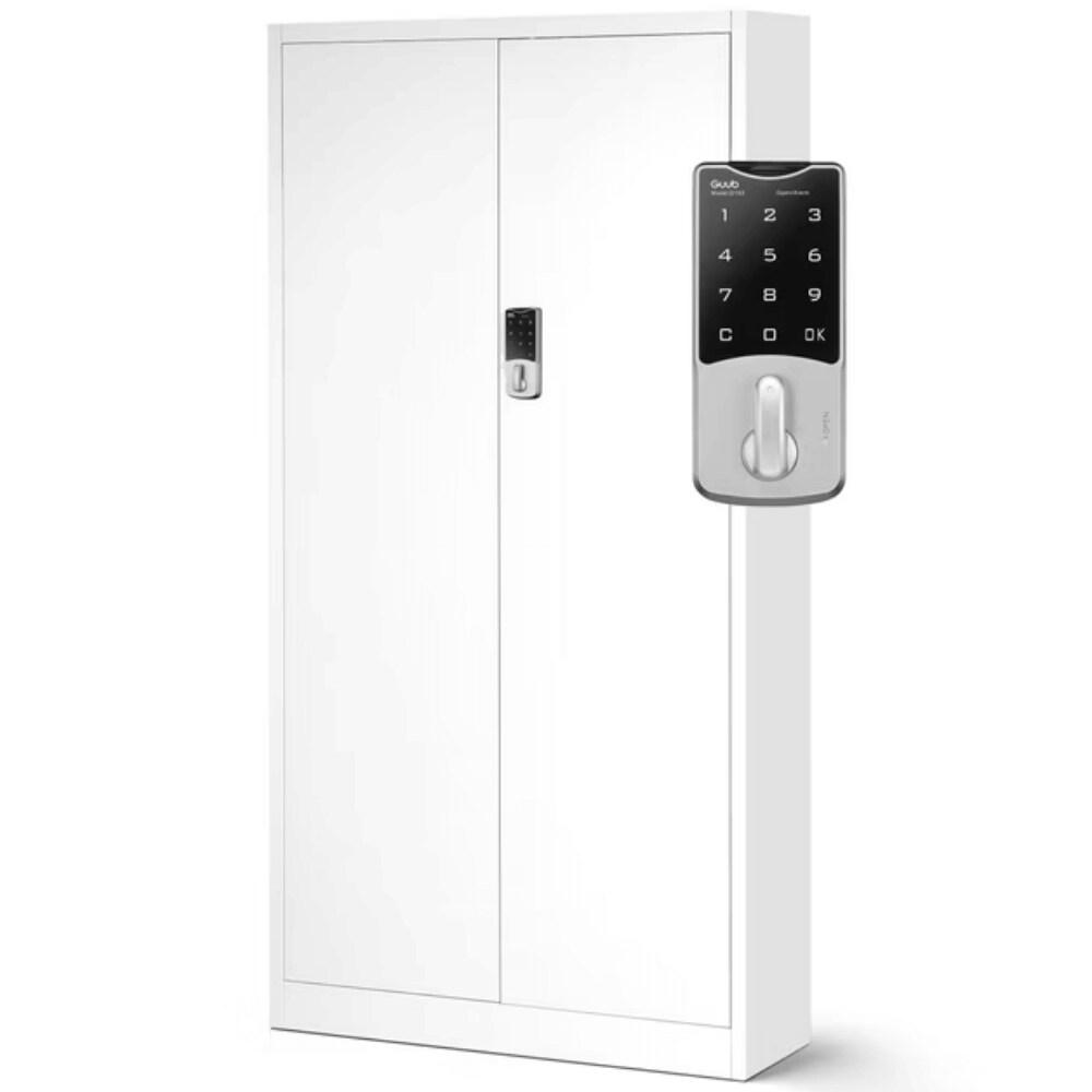 DELUKE Metallschrank abschließbar ODIS - Zahlenschloss, 5 Ebenen | Aktenschrank Büroschrank Stahl Werkstatt Werkzeugschrank, 185x90x40cm Weiß Image