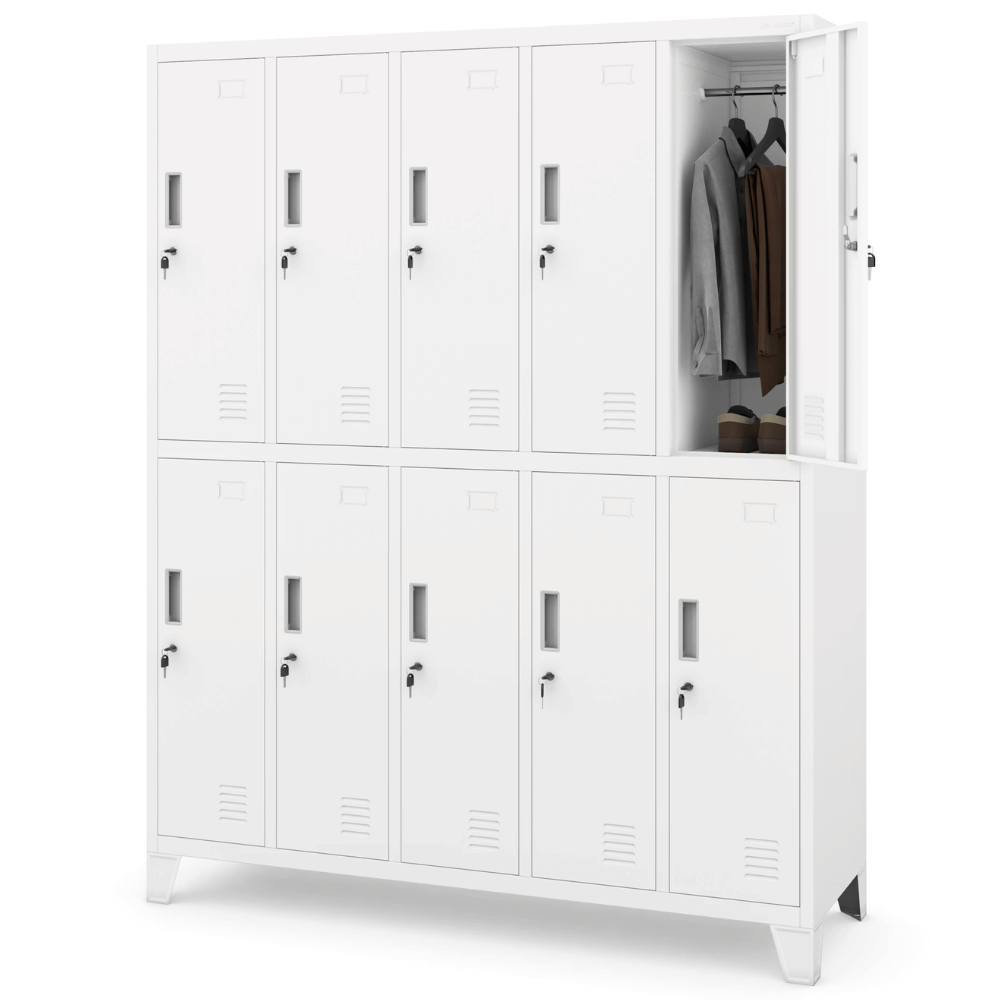 DELUKE Umkleideschrank Spind BERLIN - 10 Abteile, Etikettenhalter Lüftungsschlitze | Umkleidespind Schließfachschrank Garderobenspind, 172x136x45cm Weiß Image