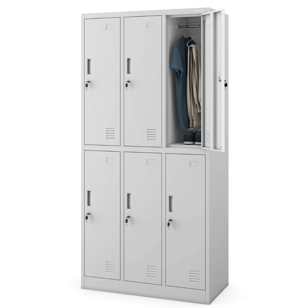DELUKE Umkleideschrank Spind TOKIO - 6 Abteile, Etikettenhalter Lüftungsschlitze | Umkleidespind Schließfachschrank Garderobenspind, 185x90x45cm Grau Image