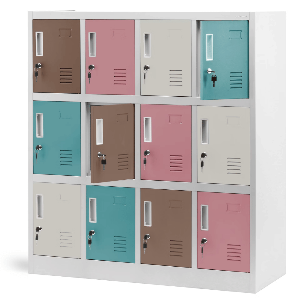 DELUKE Schließfachschrank Spind für Kindergarten ANNA - 12 Fächer, Etikettenhalter | Umkleideschrank Metall Kleiderspind, 120x109x45cm Pastellfarben Image