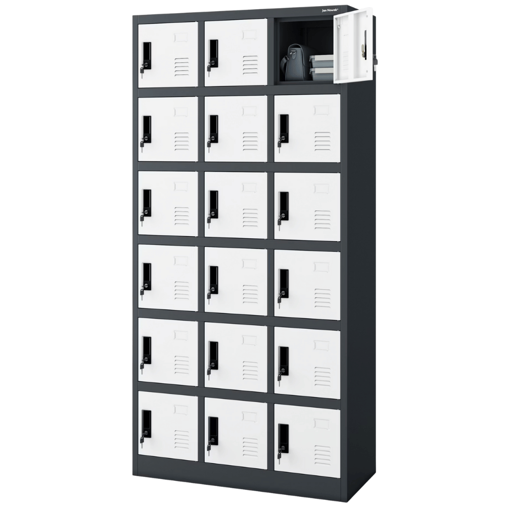 DELUKE Schließfachschrank Spind BERN - 18 Fächer, Etikettenhalter | Wertfachschrank Umkleideschrank Metall Kleiderspind, 185x90x40cm Anthrazit-Weiß Image