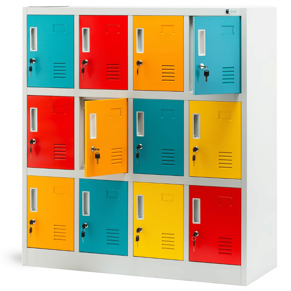 DELUKE Schließfachschrank Spind für Kindergarten ANNA - 12 Fächer, Etikettenhalter | Umkleideschrank Metall Kleiderspind, 120x109x45cm Mehrfarbig Image