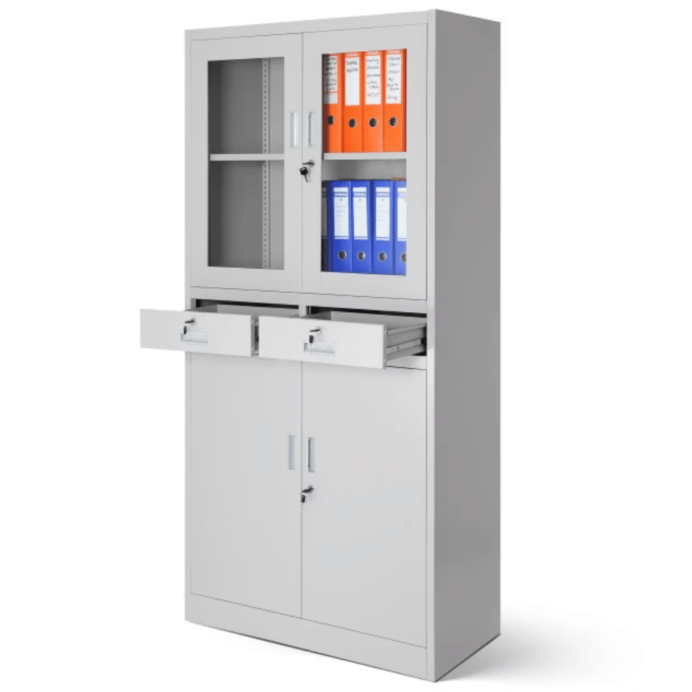 DELUKE Vitrinenschrank abschließbar CENO - Glastüren, 4 Ebenen | Büroschrank aus Stahl Aktenschrank mit Glasfenster Metallschrank, 185x90x40cm Grau Image