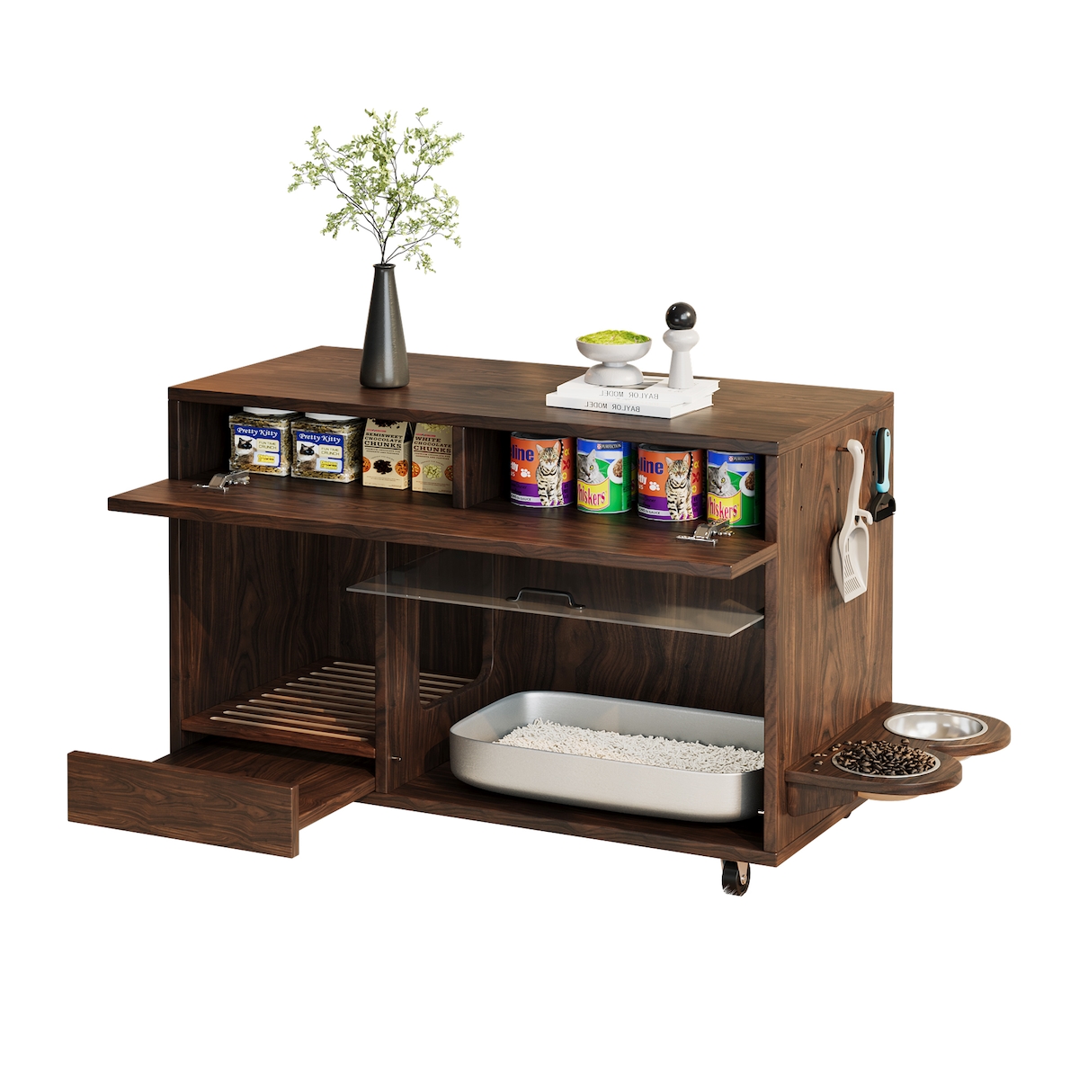 OKWISH Katzenkloschrank Nussbaum 100x45x67 cm mit Versteckfunktion, Sandablass, Aufbewahrungsschublade, MDF, modern Image