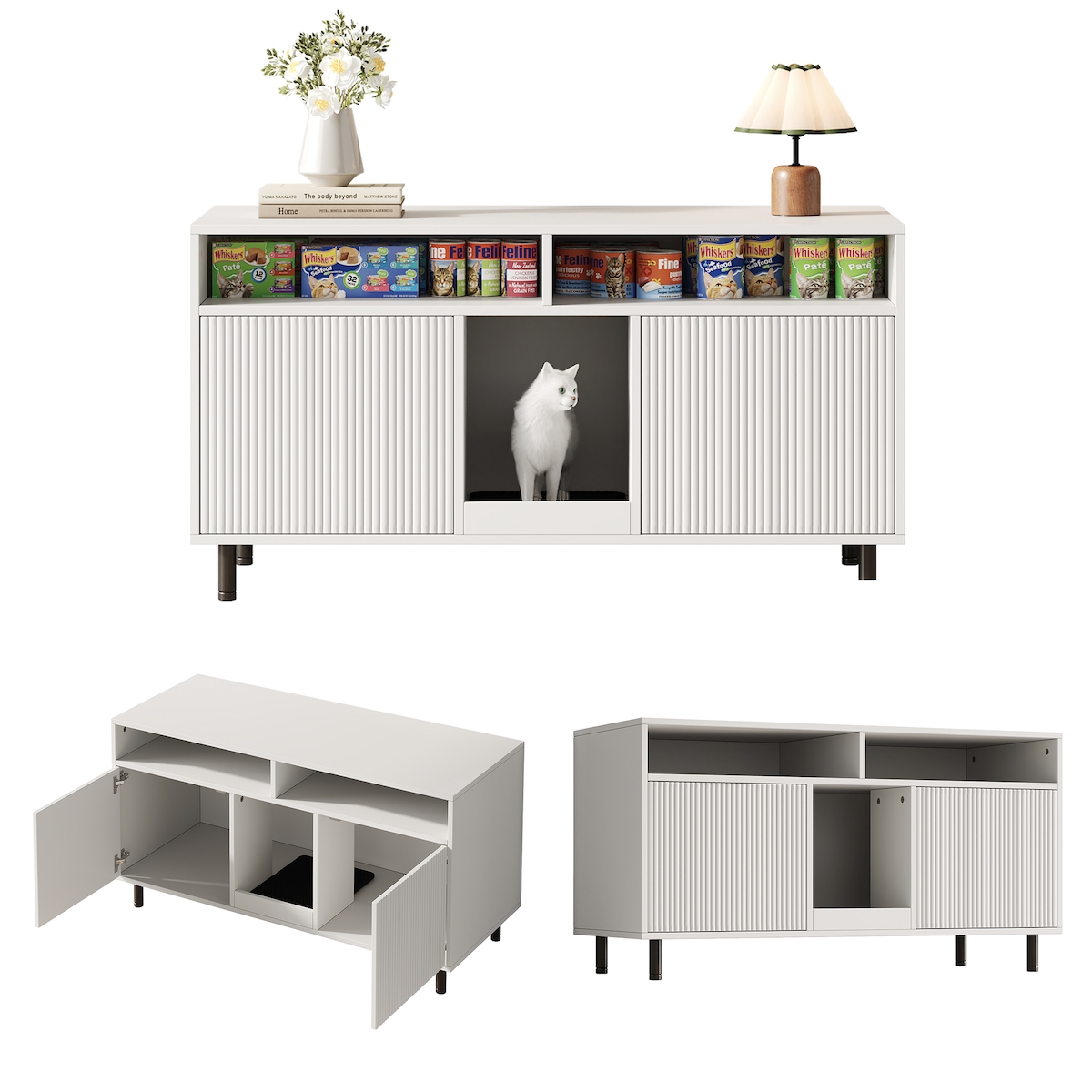 OKWISH Katzenstreukasten-Schrank 120x50x66 cm mit Rippen-Türen, Stauraum, 2 Katzenstreukästen, Sandfangmatte, Regal, modern Weiß Image