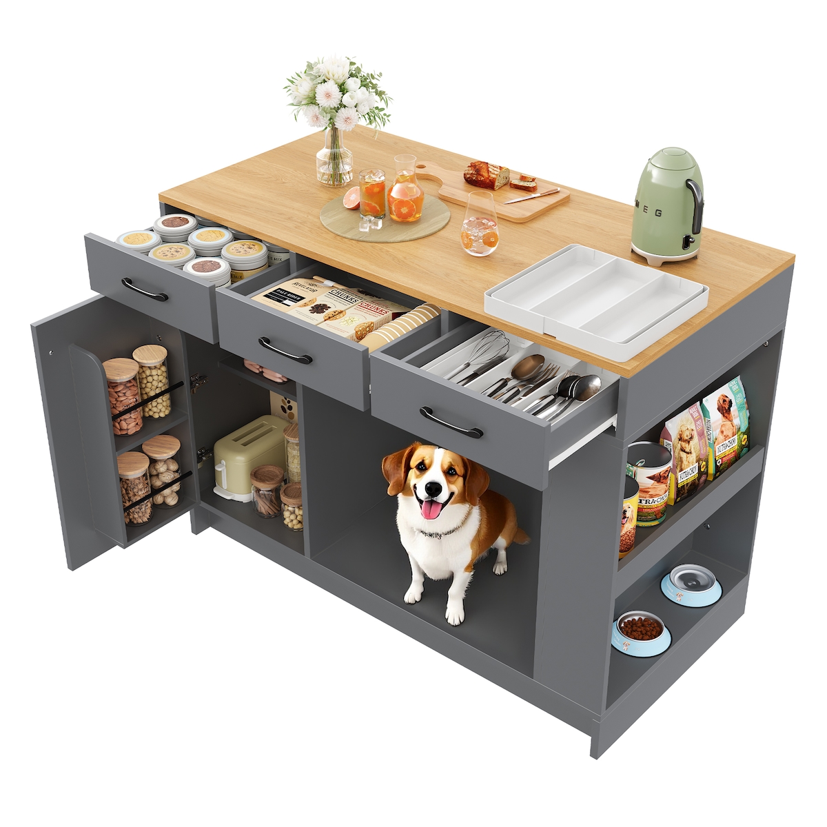 OKWISH Kücheninsel 120x60x90 cm mit 3 Schubladen, verstellbarem Regalboden, Stauraum und Haustierbereich, Essbar, Grau+Natur Image
