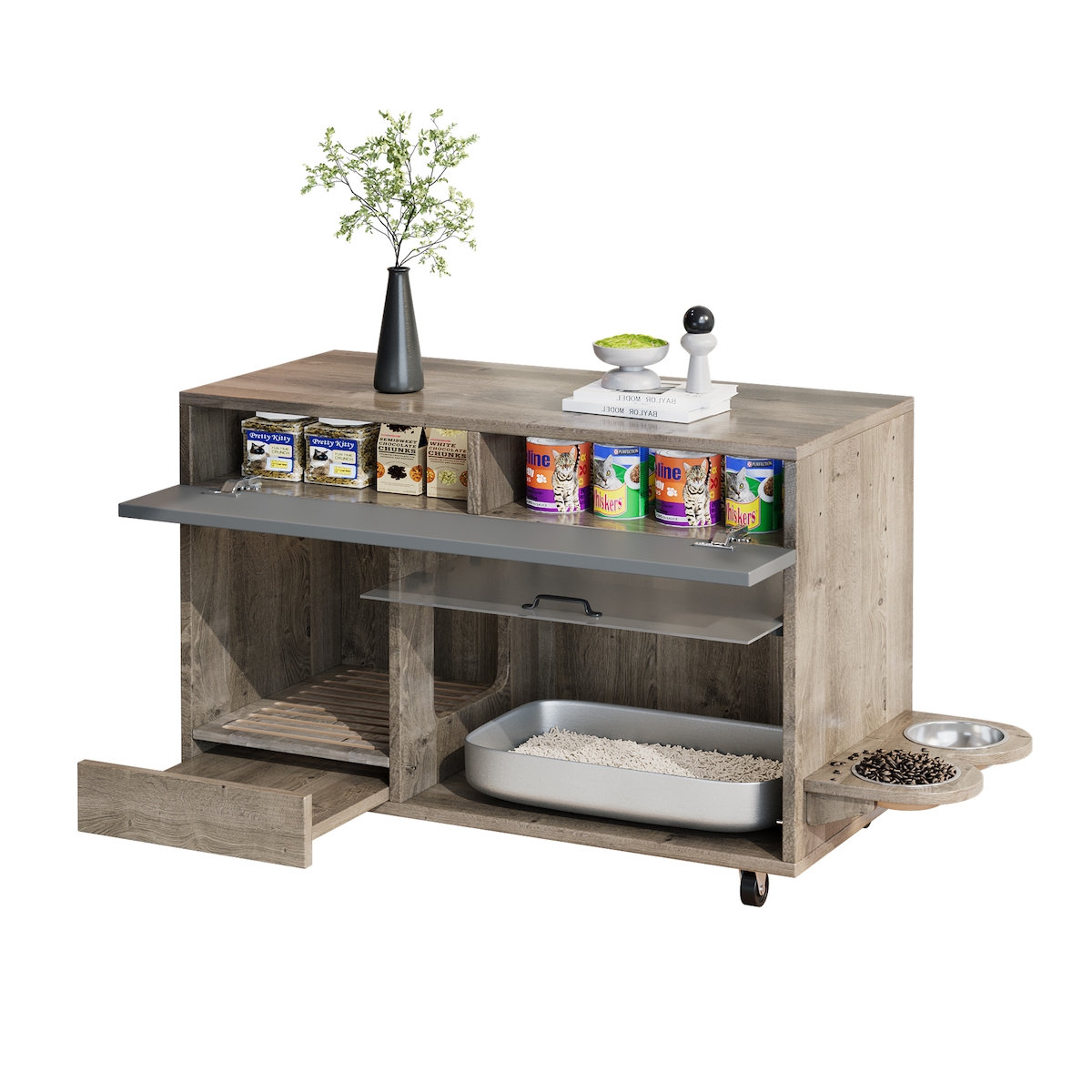OKWISH Katzenkloschrank Eichenholz 100x45x67 cm mit Futtertellern, Sandauffangplatte, Schublade, MDF antikgrau-braun Image
