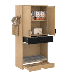 OKWISH Multifunktionaler Tierschrank 79x40x160 cm Eichenoptik Hundebett Futterstation Schublade Aufbewahrung Haustier Zubehör Image