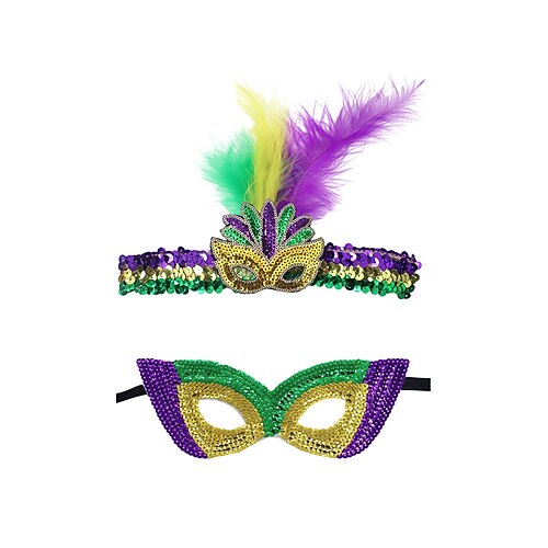 Lot de masque et bandeau en sequins en polyester pour femmes - Couleurs vibrantes avec plumes parfait pour les fêtes de carnaval et masquées