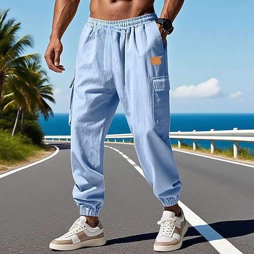 Herren Leinenhosen Hose Sommerhose Strandhose Jogginghose Kordelzug Elastischer Bund Klappentasche Einfarbig Komfort Atmungsaktiv Täglich Outdoor Strand Urlaub Mode Schwarz Weiß Image